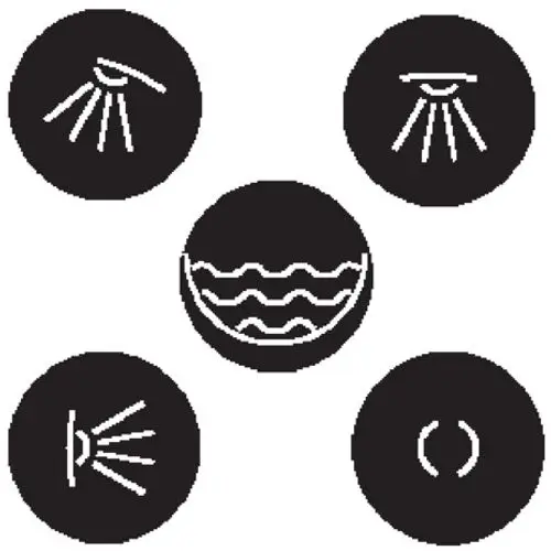 Schwarze Grafiken von Klebesymbolen, die verschiedene Anwendungen darstellen, angeordnet um ein zentrales Symbol mit Wellen, von der Marke Hansgrohe.